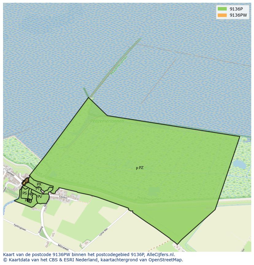 Afbeelding van het postcodegebied 9136 PW op de kaart.
