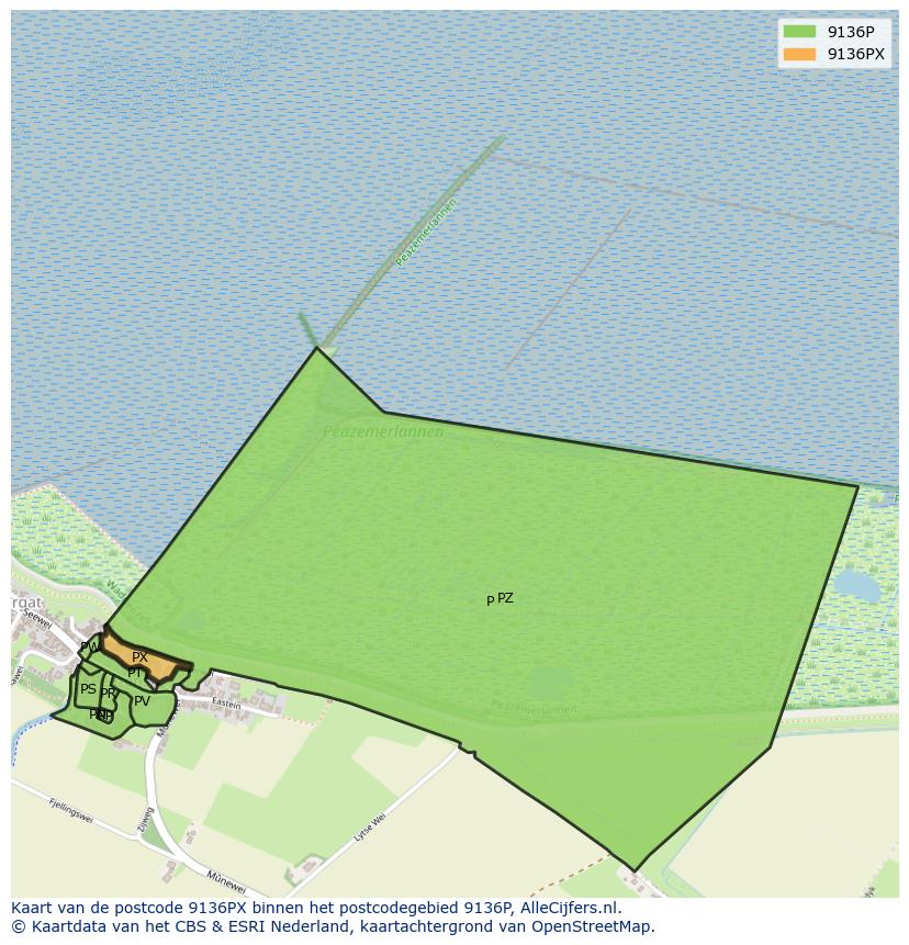 Afbeelding van het postcodegebied 9136 PX op de kaart.