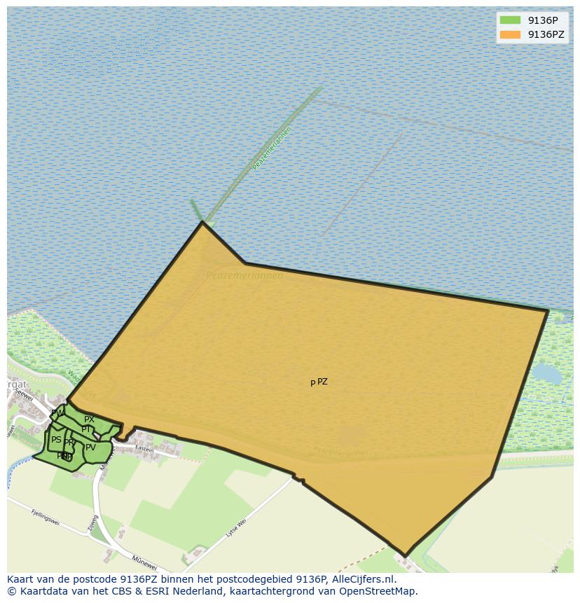 Afbeelding van het postcodegebied 9136 PZ op de kaart.