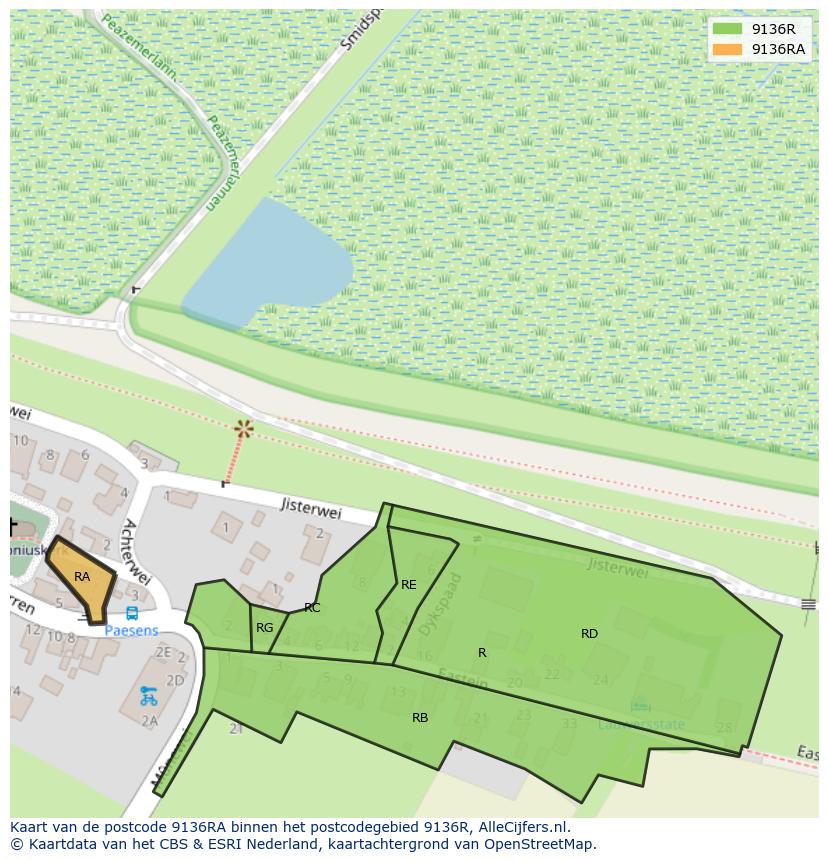 Afbeelding van het postcodegebied 9136 RA op de kaart.