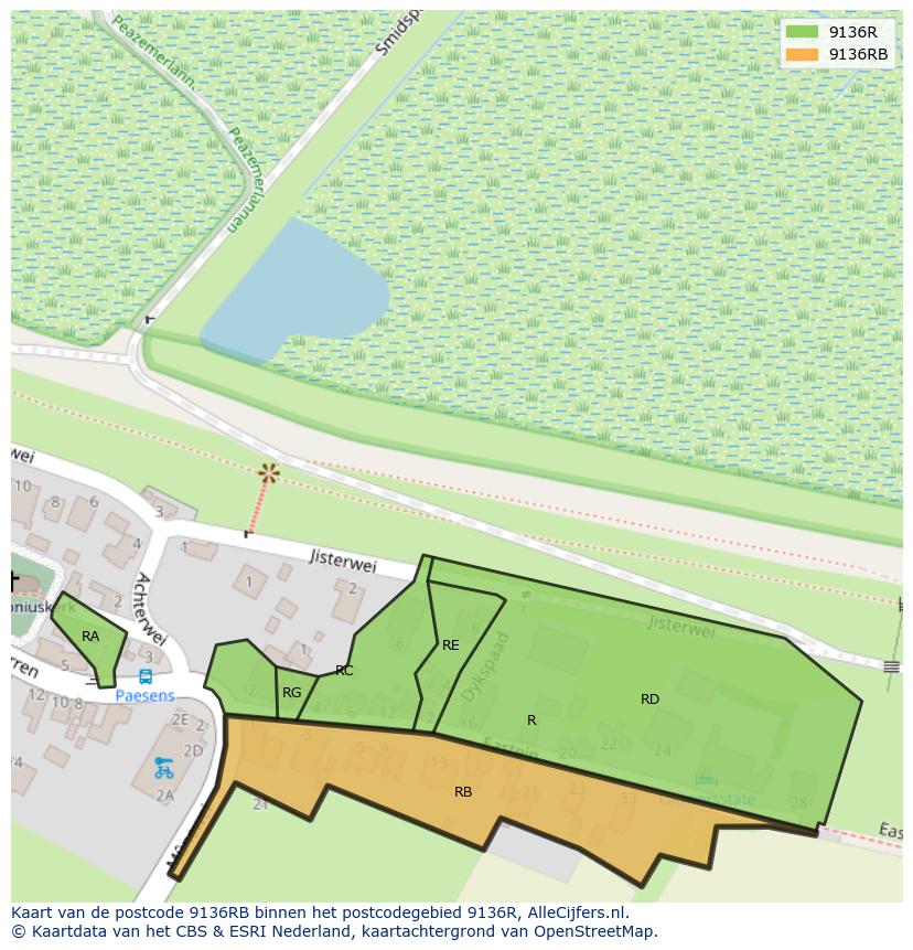 Afbeelding van het postcodegebied 9136 RB op de kaart.