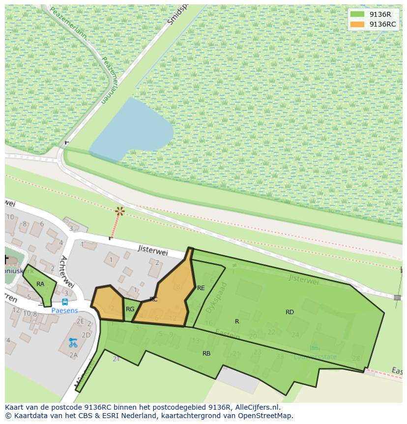 Afbeelding van het postcodegebied 9136 RC op de kaart.
