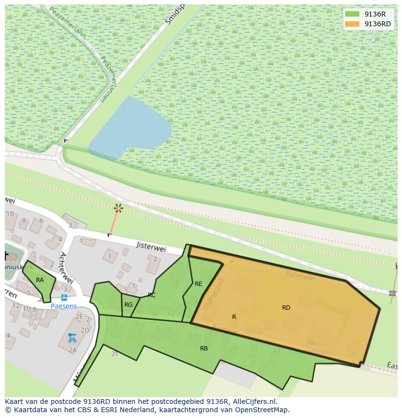 Afbeelding van het postcodegebied 9136 RD op de kaart.