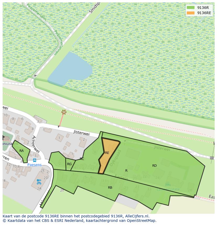 Afbeelding van het postcodegebied 9136 RE op de kaart.