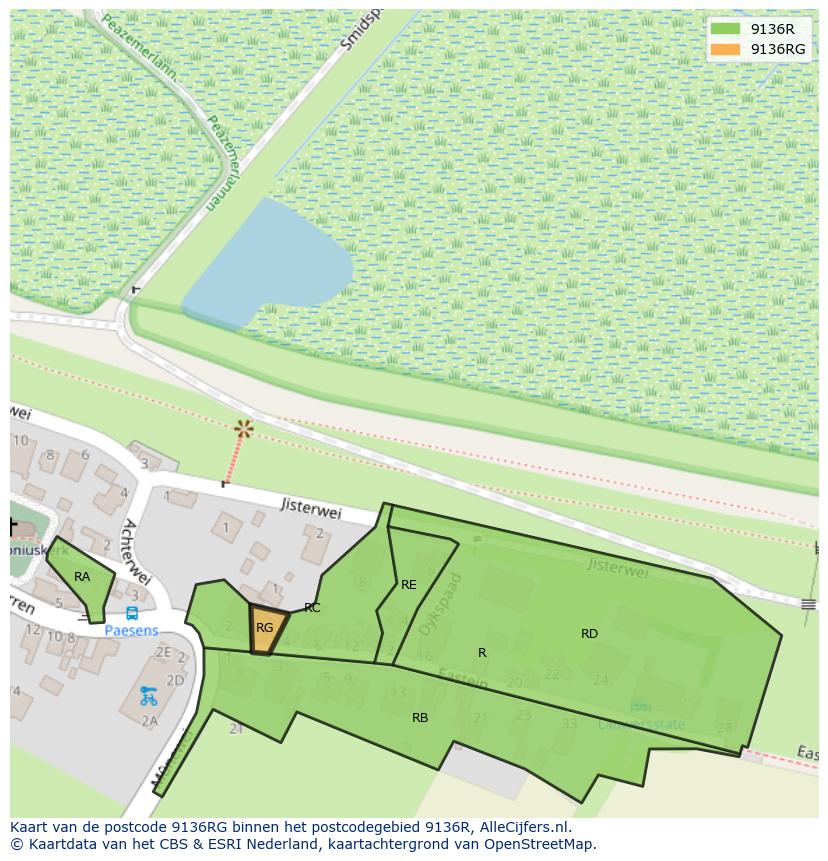 Afbeelding van het postcodegebied 9136 RG op de kaart.