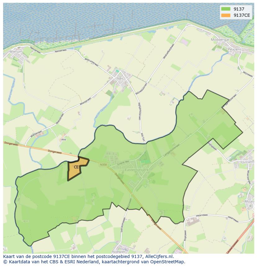 Afbeelding van het postcodegebied 9137 CE op de kaart.