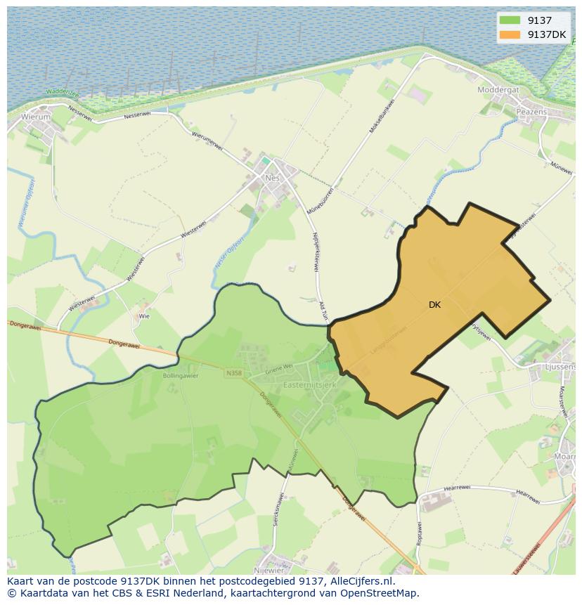Afbeelding van het postcodegebied 9137 DK op de kaart.