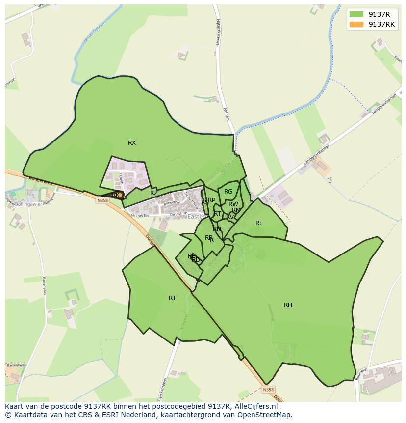 Afbeelding van het postcodegebied 9137 RK op de kaart.