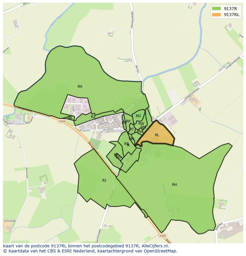 Afbeelding van het postcodegebied 9137 RL op de kaart.