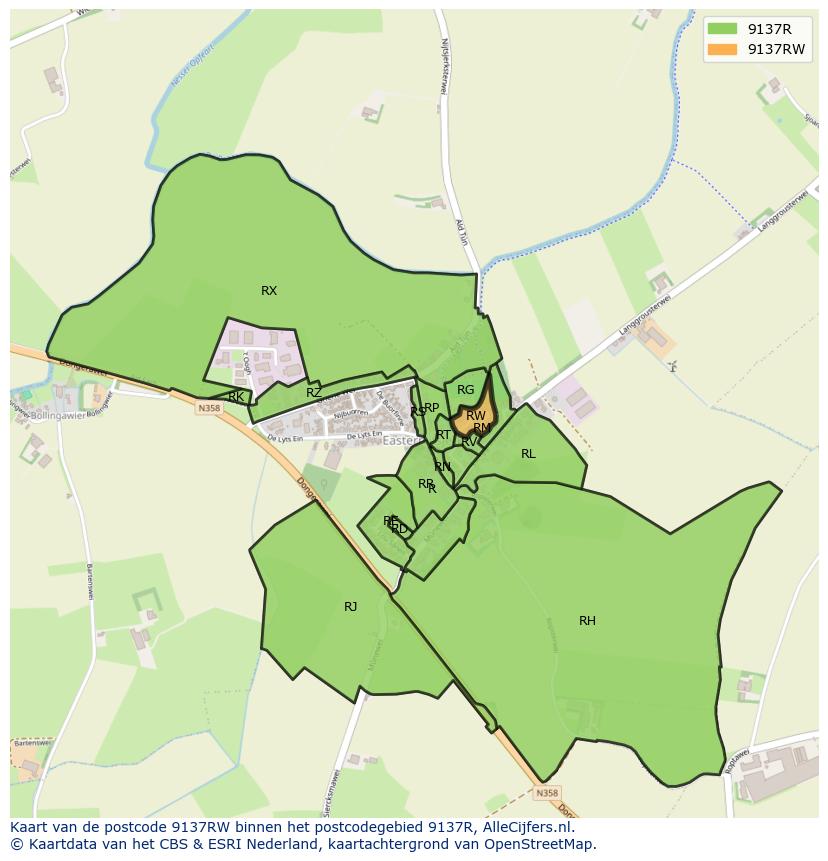 Afbeelding van het postcodegebied 9137 RW op de kaart.