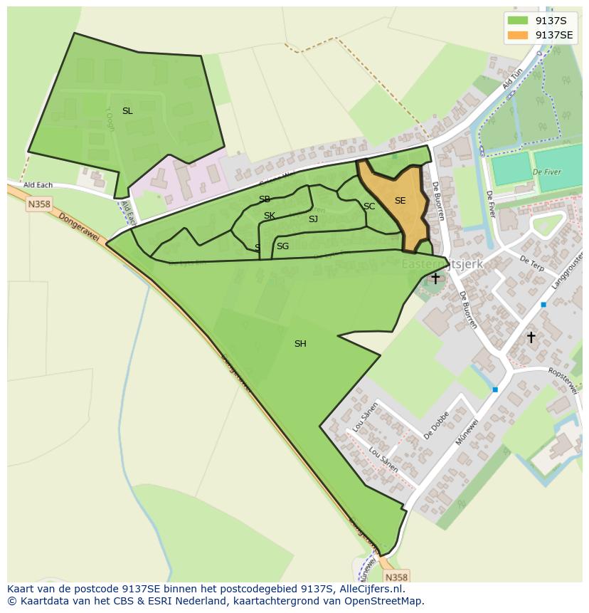 Afbeelding van het postcodegebied 9137 SE op de kaart.