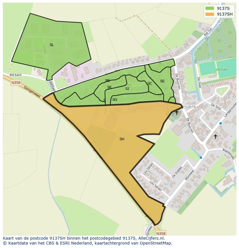 Afbeelding van het postcodegebied 9137 SH op de kaart.