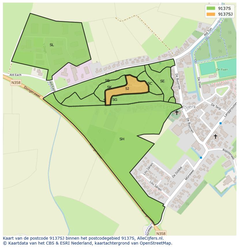 Afbeelding van het postcodegebied 9137 SJ op de kaart.