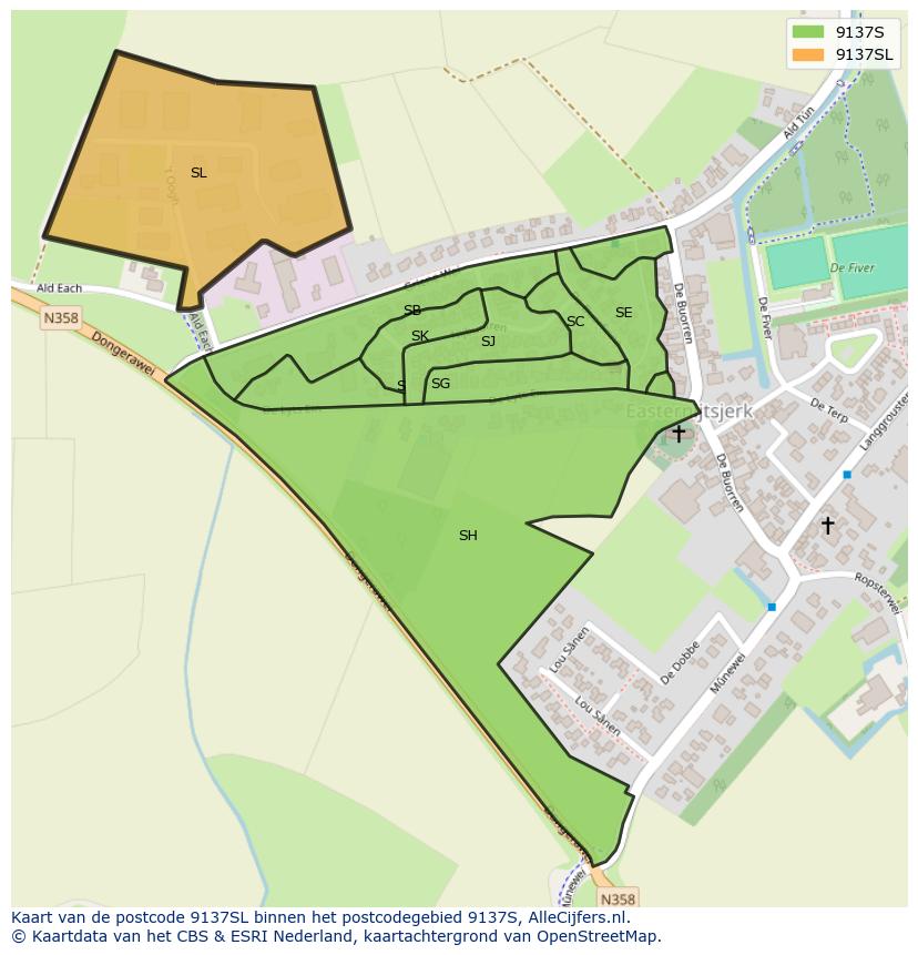 Afbeelding van het postcodegebied 9137 SL op de kaart.