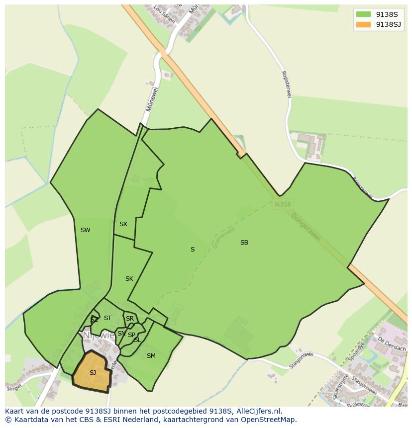 Afbeelding van het postcodegebied 9138 SJ op de kaart.