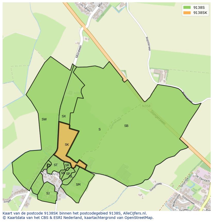 Afbeelding van het postcodegebied 9138 SK op de kaart.