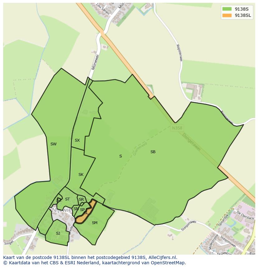 Afbeelding van het postcodegebied 9138 SL op de kaart.
