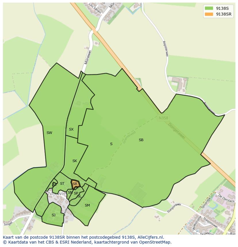 Afbeelding van het postcodegebied 9138 SR op de kaart.
