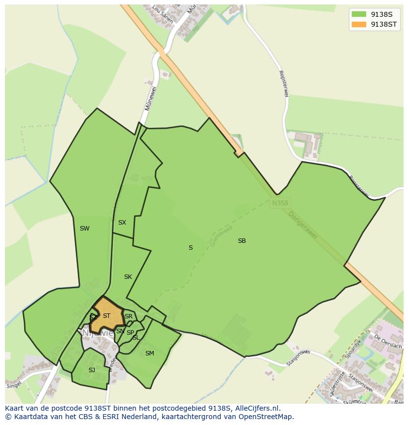 Afbeelding van het postcodegebied 9138 ST op de kaart.