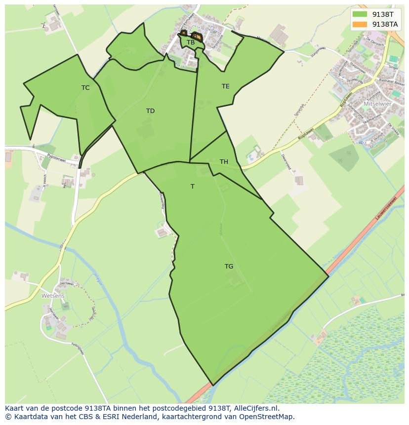 Afbeelding van het postcodegebied 9138 TA op de kaart.