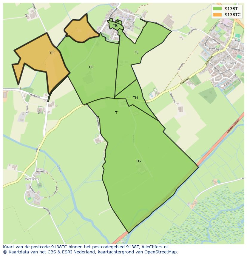Afbeelding van het postcodegebied 9138 TC op de kaart.