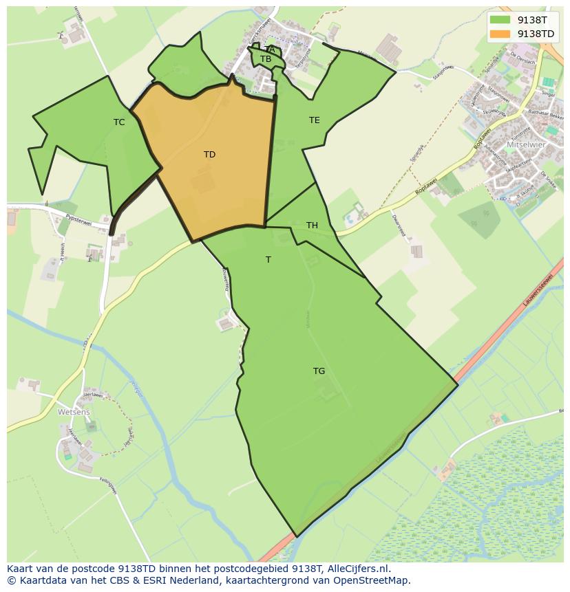 Afbeelding van het postcodegebied 9138 TD op de kaart.