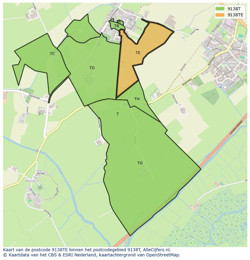 Afbeelding van het postcodegebied 9138 TE op de kaart.