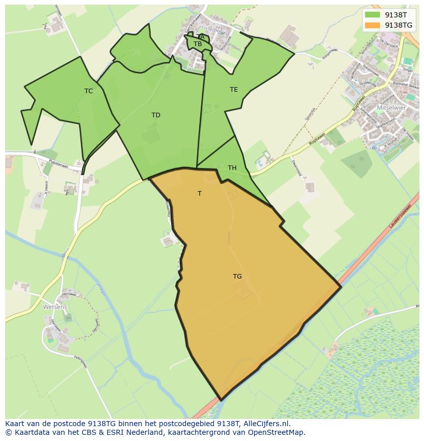 Afbeelding van het postcodegebied 9138 TG op de kaart.
