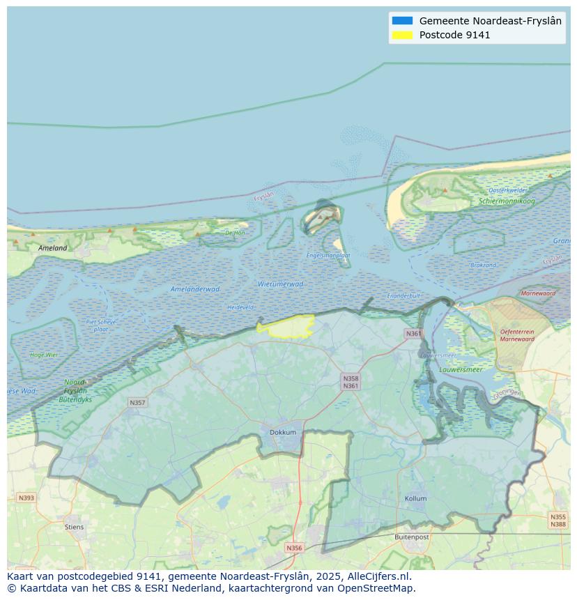 Afbeelding van het postcodegebied 9141 op de kaart.
