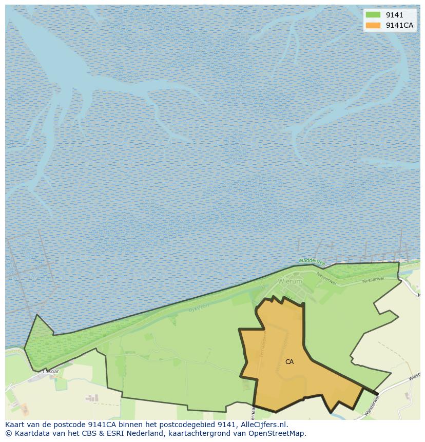 Afbeelding van het postcodegebied 9141 CA op de kaart.