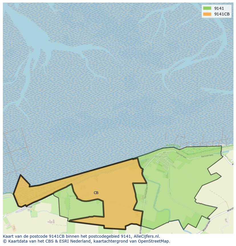 Afbeelding van het postcodegebied 9141 CB op de kaart.