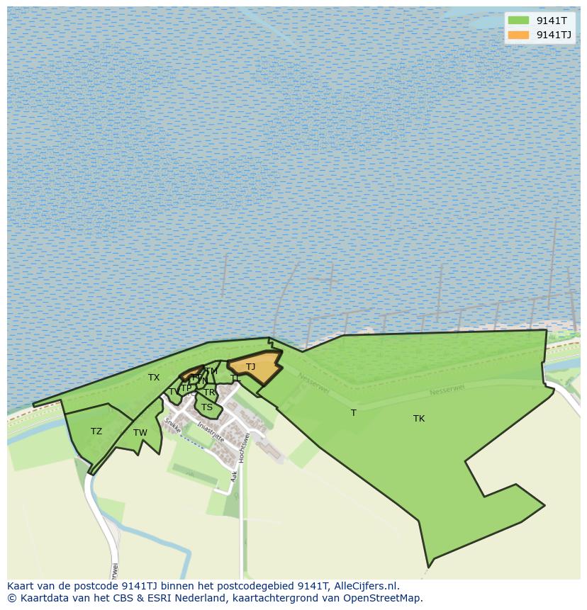 Afbeelding van het postcodegebied 9141 TJ op de kaart.