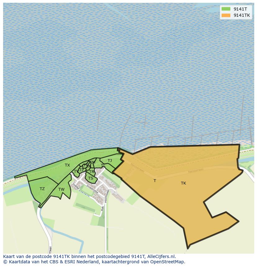 Afbeelding van het postcodegebied 9141 TK op de kaart.
