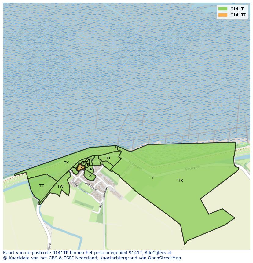 Afbeelding van het postcodegebied 9141 TP op de kaart.