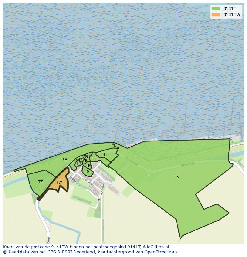 Afbeelding van het postcodegebied 9141 TW op de kaart.