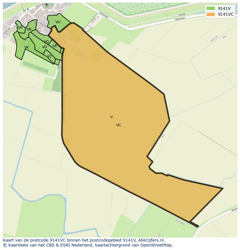 Afbeelding van het postcodegebied 9141 VC op de kaart.