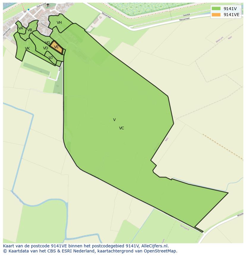Afbeelding van het postcodegebied 9141 VE op de kaart.