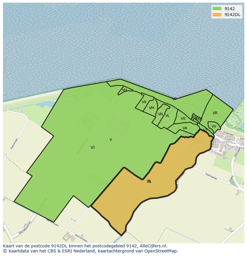 Afbeelding van het postcodegebied 9142 DL op de kaart.