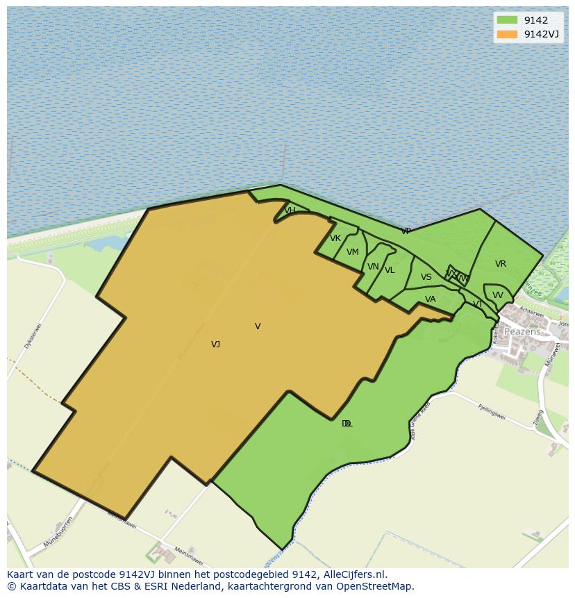 Afbeelding van het postcodegebied 9142 VJ op de kaart.
