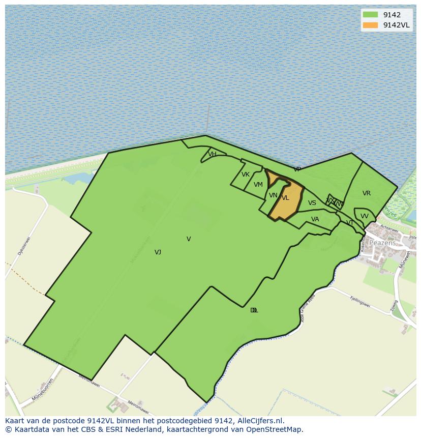Afbeelding van het postcodegebied 9142 VL op de kaart.