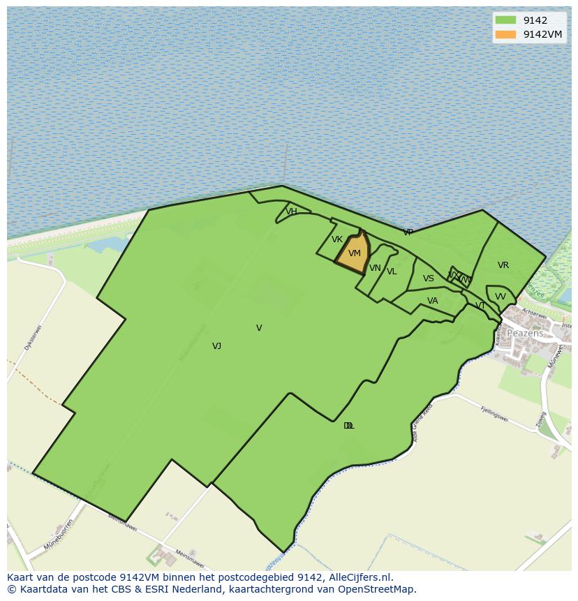 Afbeelding van het postcodegebied 9142 VM op de kaart.