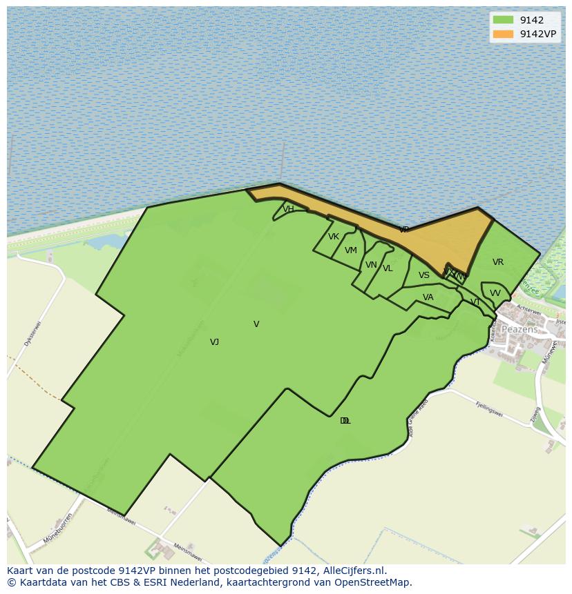 Afbeelding van het postcodegebied 9142 VP op de kaart.