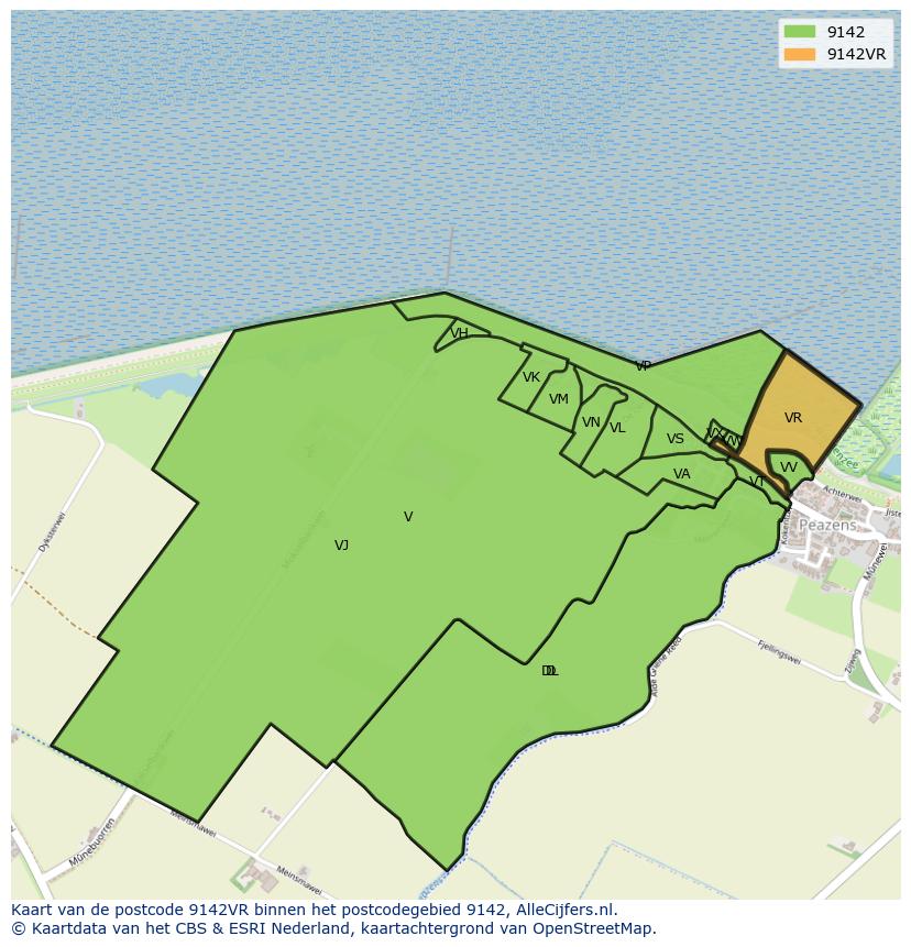 Afbeelding van het postcodegebied 9142 VR op de kaart.