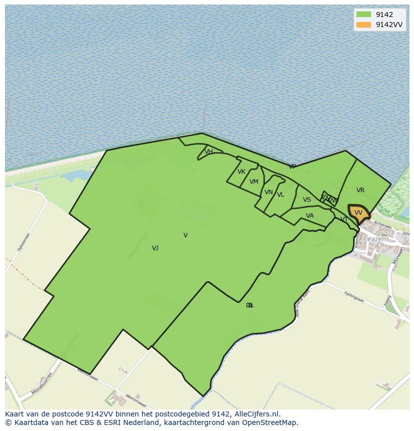 Afbeelding van het postcodegebied 9142 VV op de kaart.