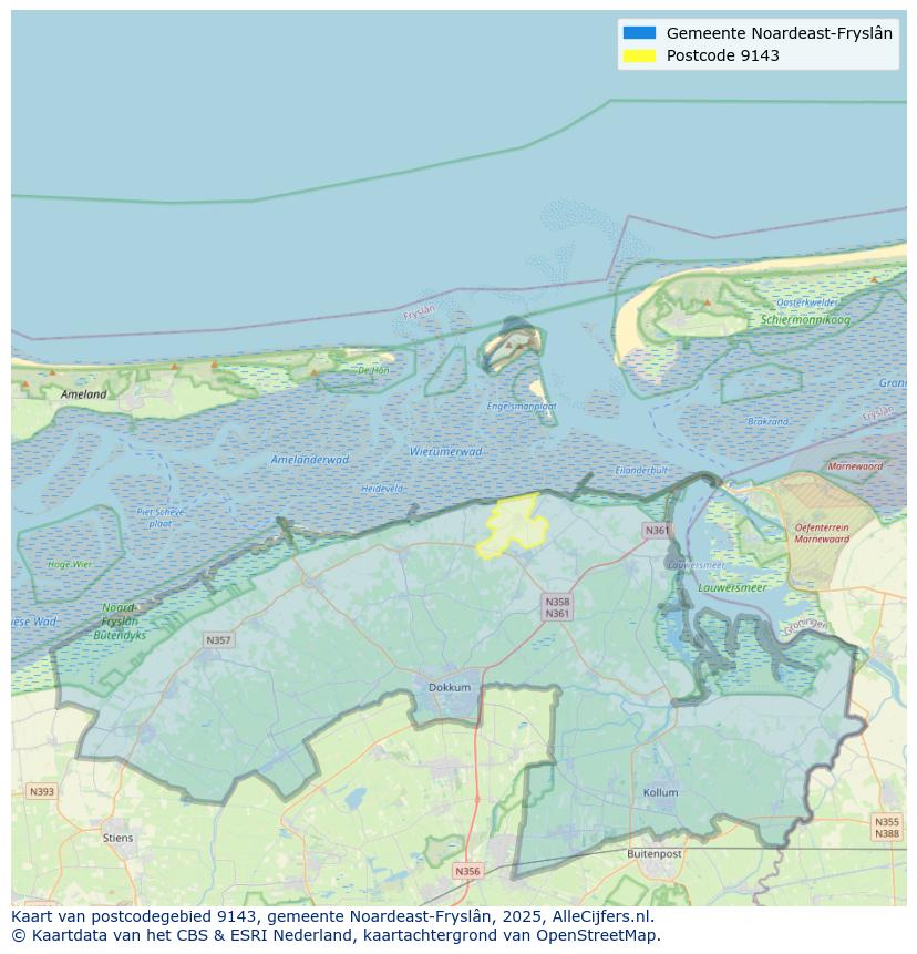 Afbeelding van het postcodegebied 9143 op de kaart.