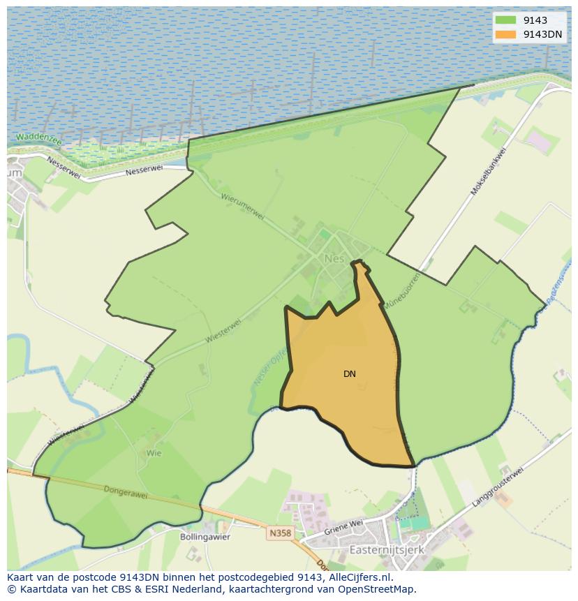 Afbeelding van het postcodegebied 9143 DN op de kaart.
