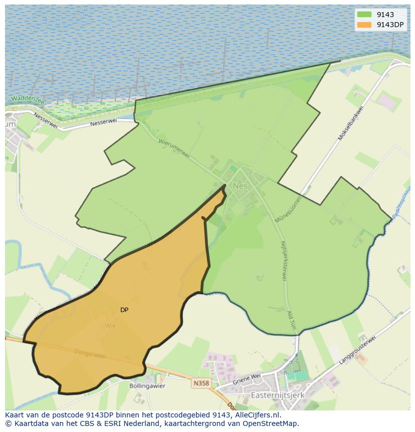 Afbeelding van het postcodegebied 9143 DP op de kaart.