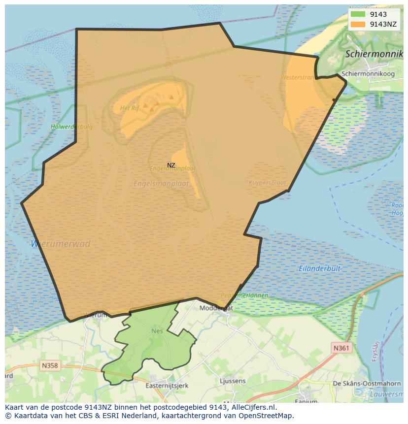 Afbeelding van het postcodegebied 9143 NZ op de kaart.