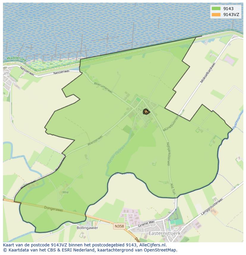 Afbeelding van het postcodegebied 9143 VZ op de kaart.
