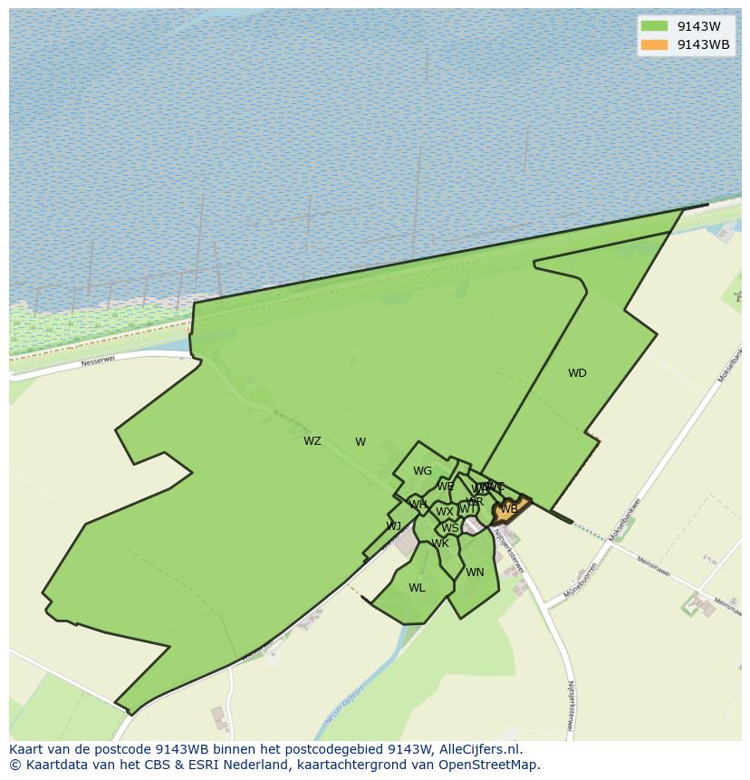 Afbeelding van het postcodegebied 9143 WB op de kaart.